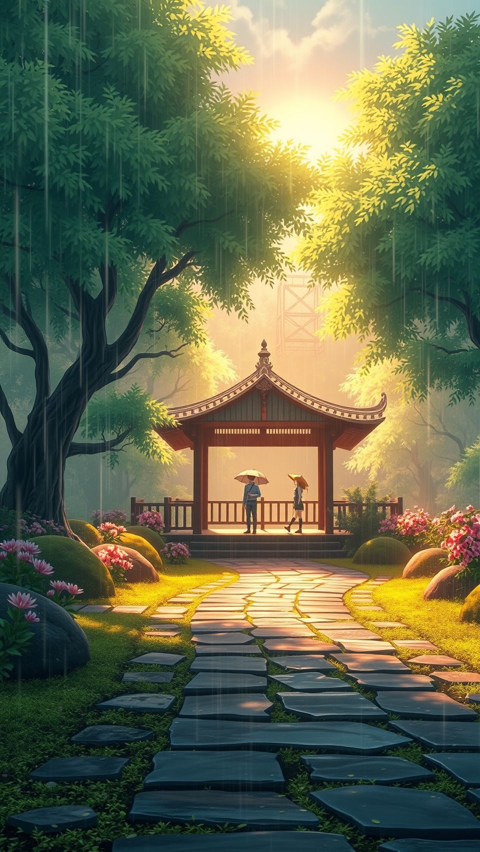 Beautiful Garden of Words anime wallpaper with rain, sunlight, and Japanese pavilion scenery