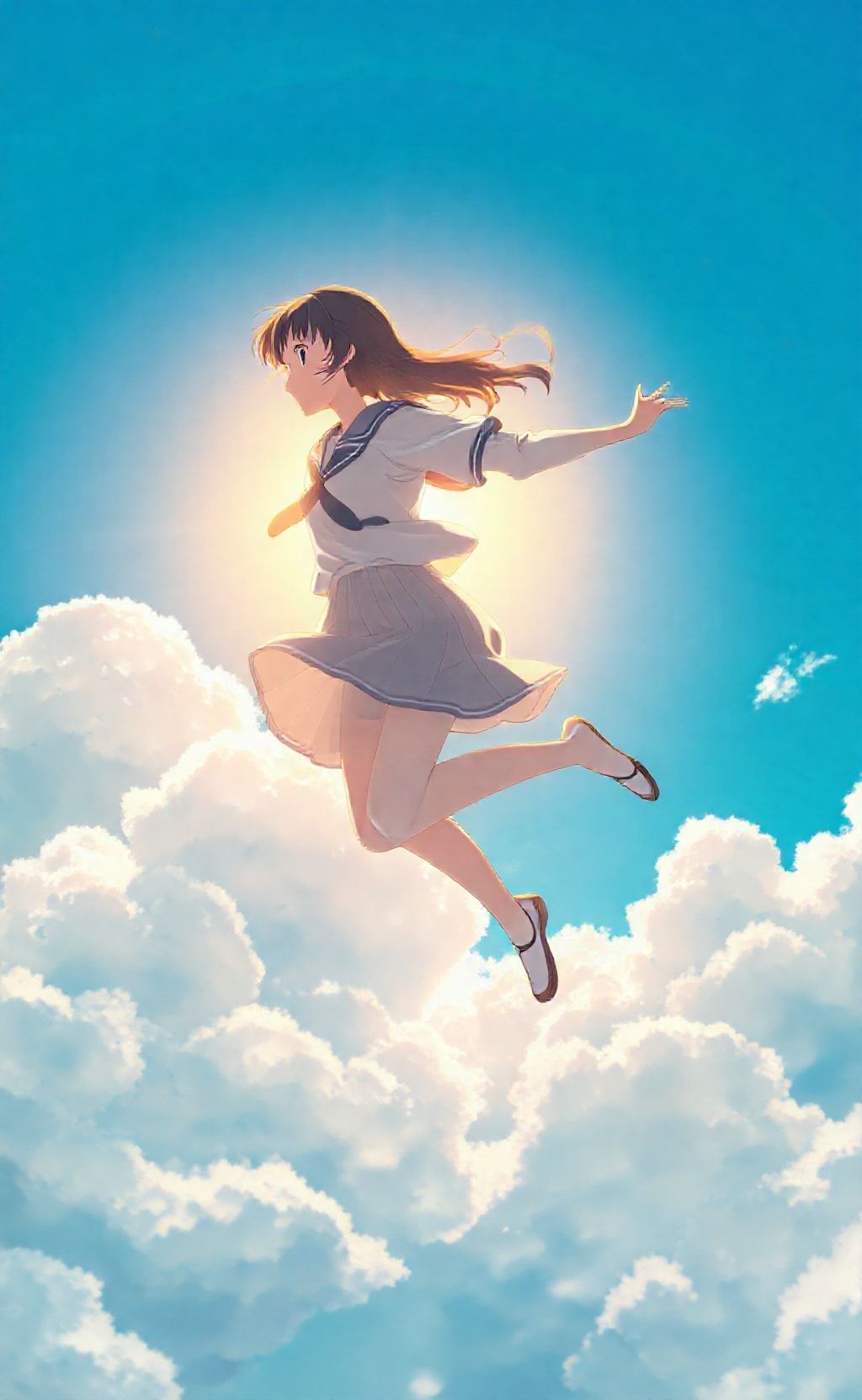 Anime wallpaper of The Girl Who Leapt Through Time flying above clouds and sunlight