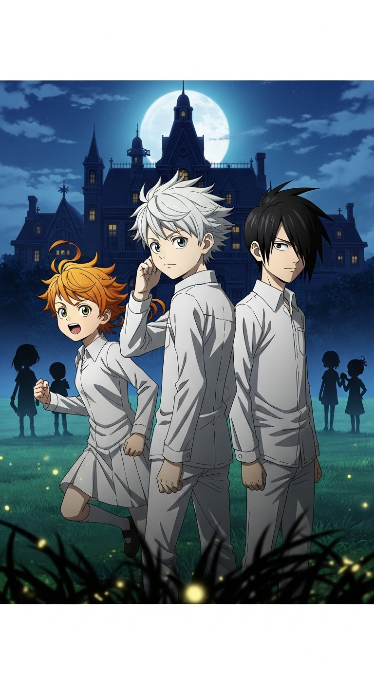 The Promised Neverland main characters Emma, Ray, and Norman standing under a full moon near a mansion.