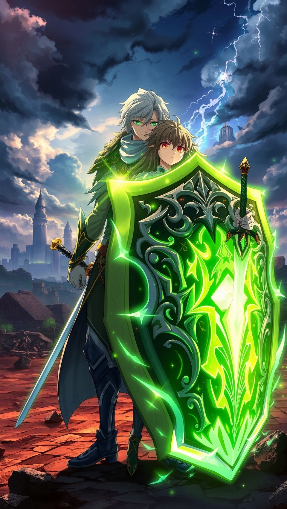 Epic Rising of the Shield Hero anime wallpaper with Naofumi holding glowing green shield