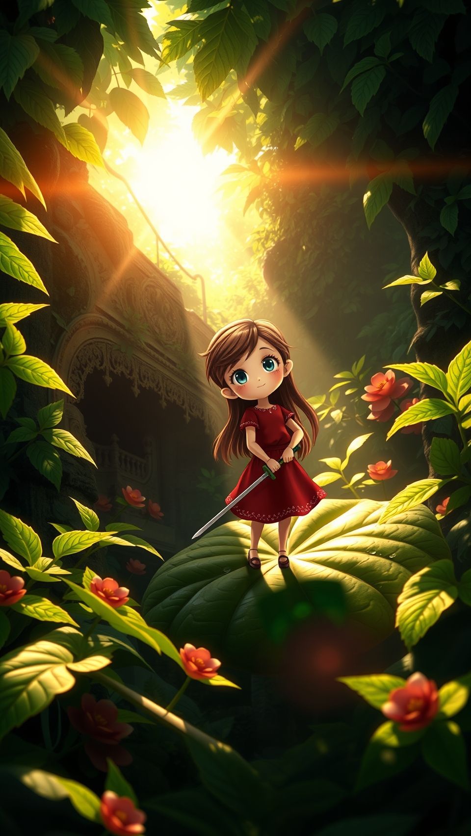 Tiny girl with big eyes holding sword on leaf in enchanted garden