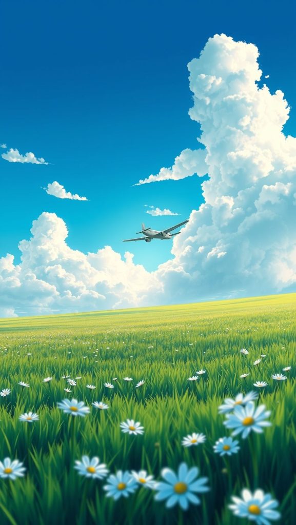 Beautiful The Wind Rises wallpaper showing airplane flying above meadow with white flowers