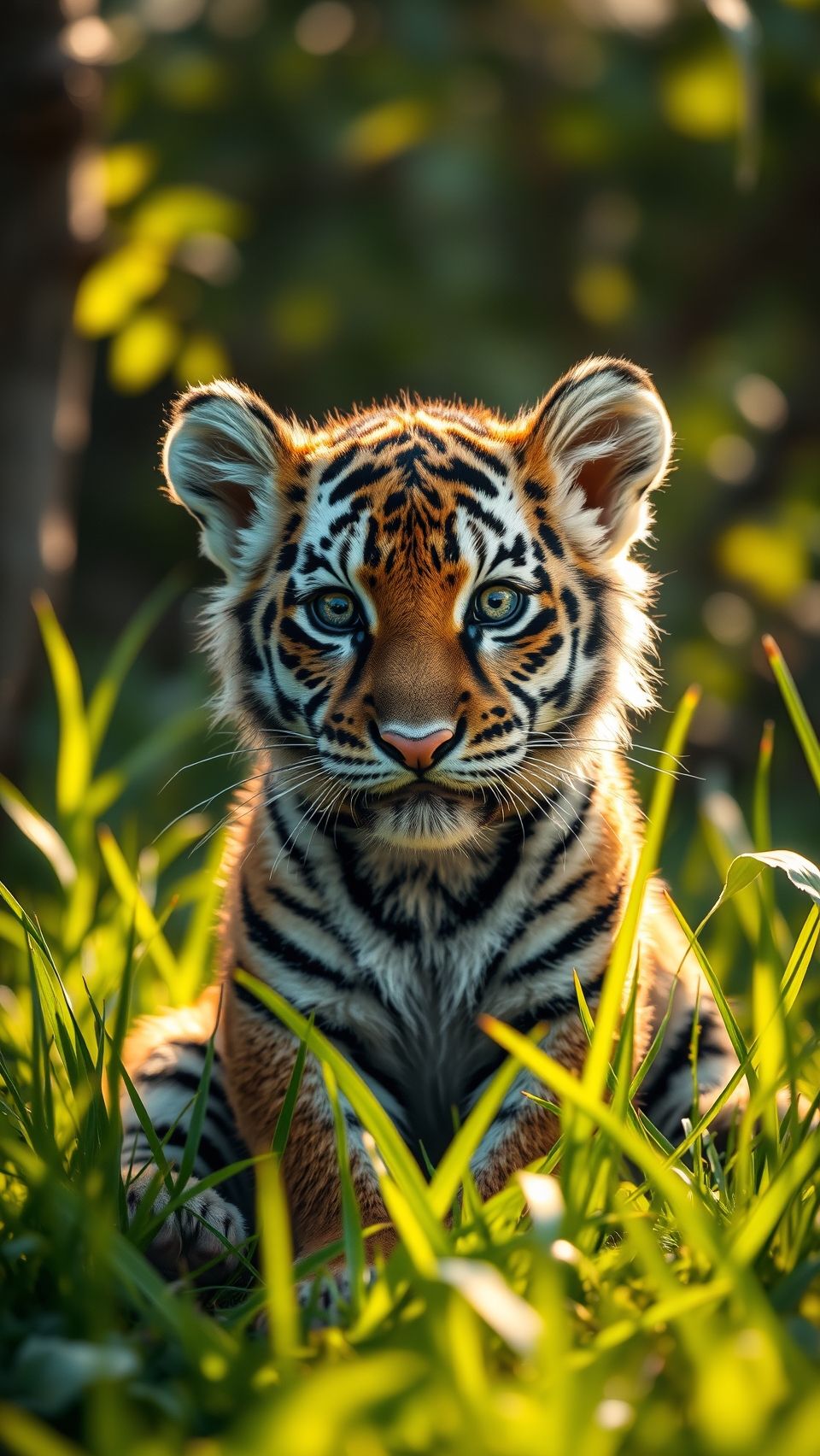 Cute tiger cub wallpaper sitting in lush green grass under warm golden sunlight