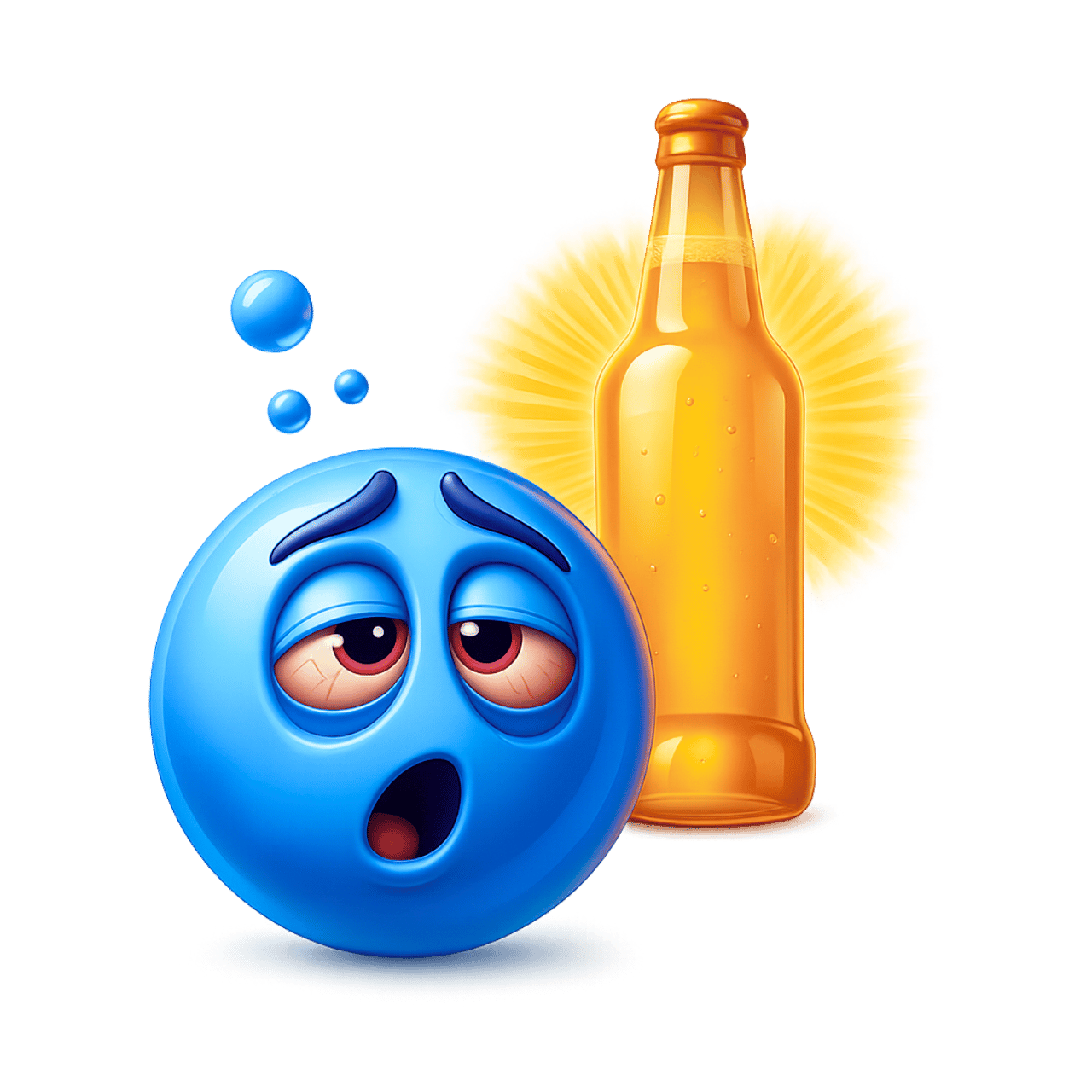 Funny tipsy emoticon drunk blue emoji with beer bottle and sleepy expression