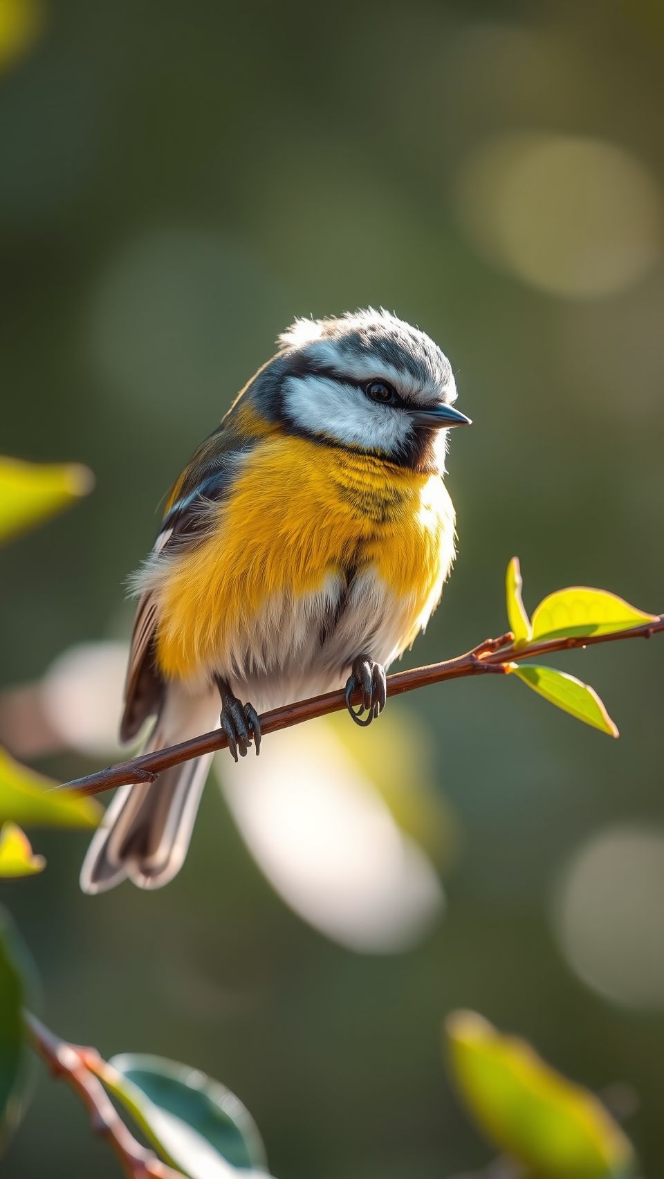 Beautiful colorful tit bird with yellow chest perched on branch in natural sunlight