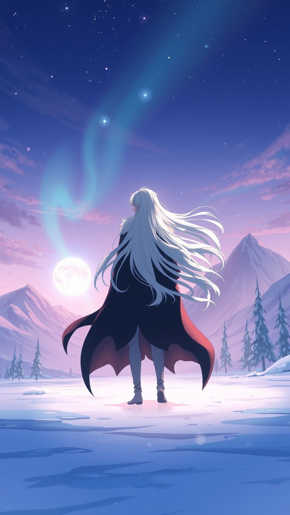 Anime character Fushi standing under moonlight with flowing hair in snowy mountains.
