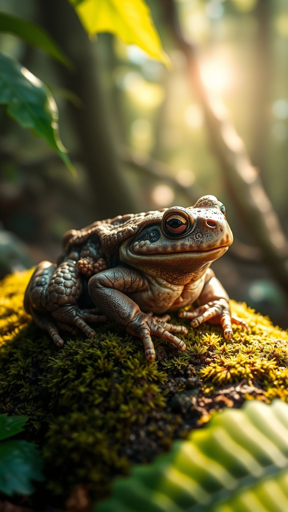 Realistic toad sitting on mossy rock in forest with sunlight and green leaves