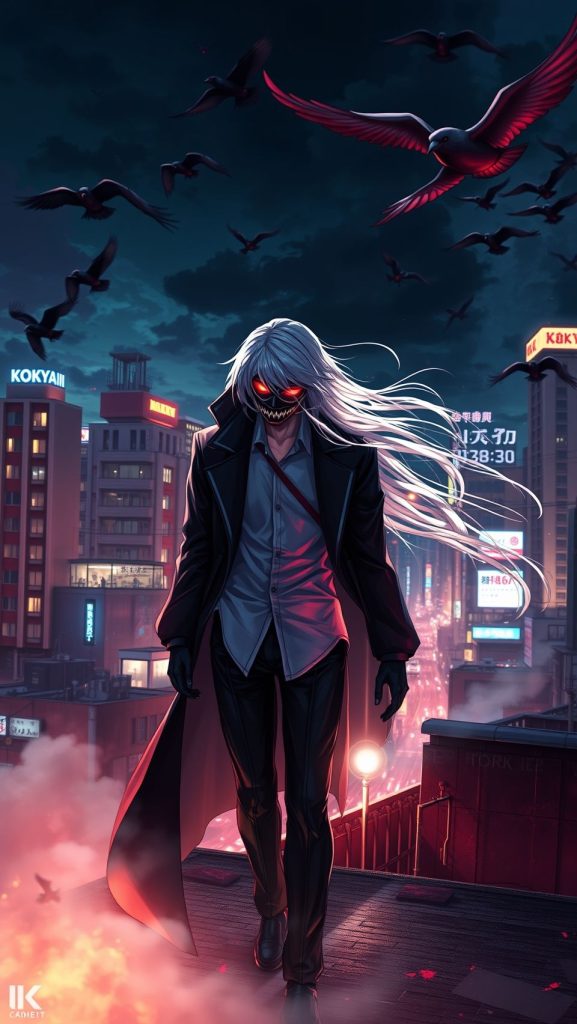 Tokyo Ghoul Kaneki Ken dark city anime wallpaper with glowing red eyes