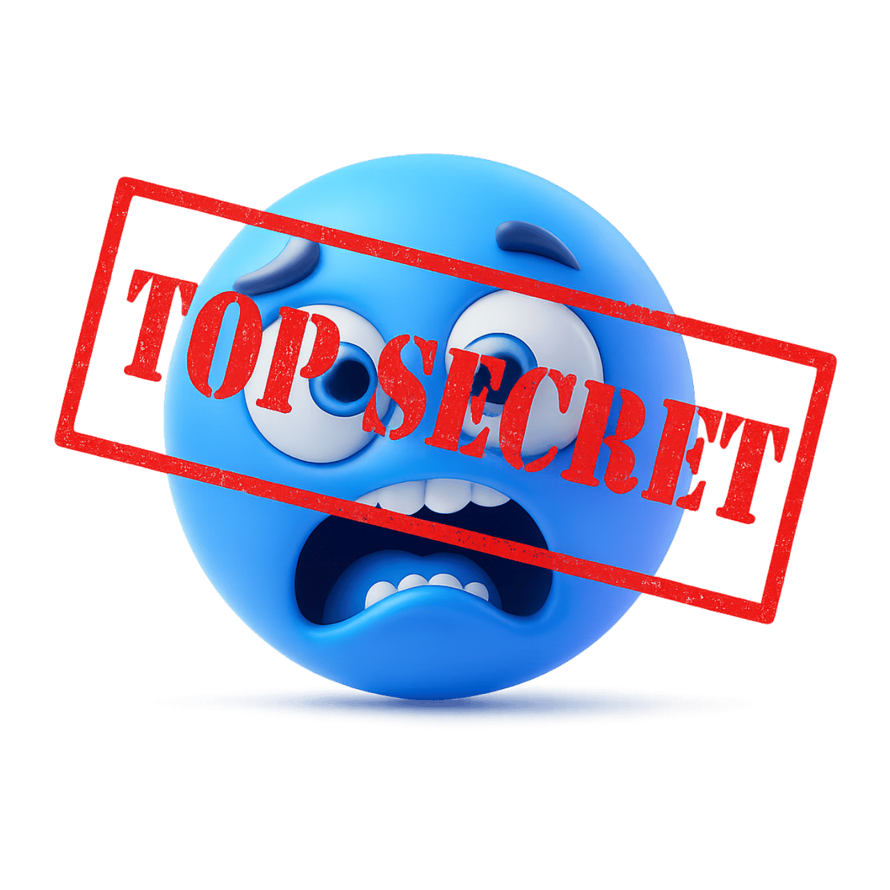 Top secret emoticon emoji with shocked blue face and red confidential stamp