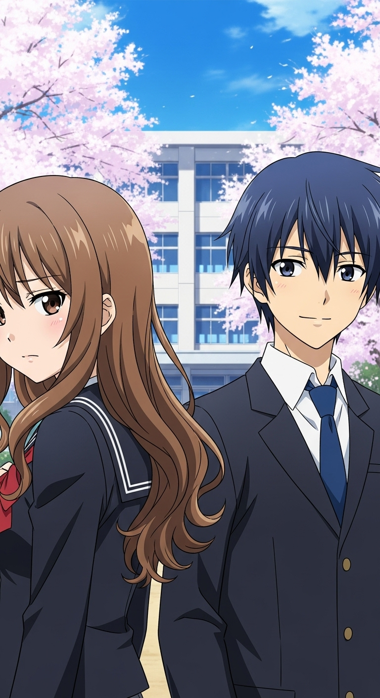 Toradora anime wallpaper featuring Ryuuji and Taiga standing in school with cherry blossoms