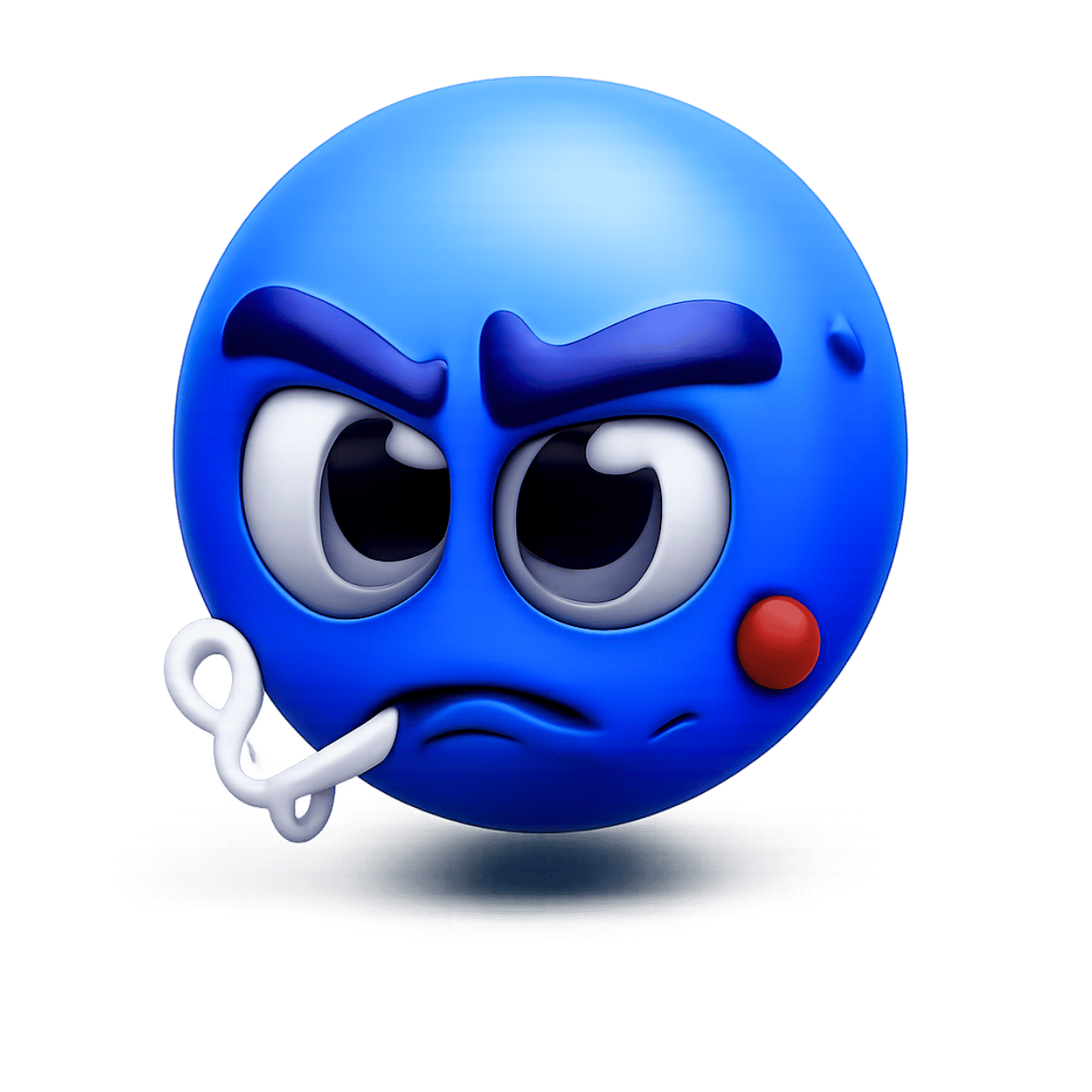 Blue tough guy emoji with a serious expression and a straw, showing a cool and defiant mood.
