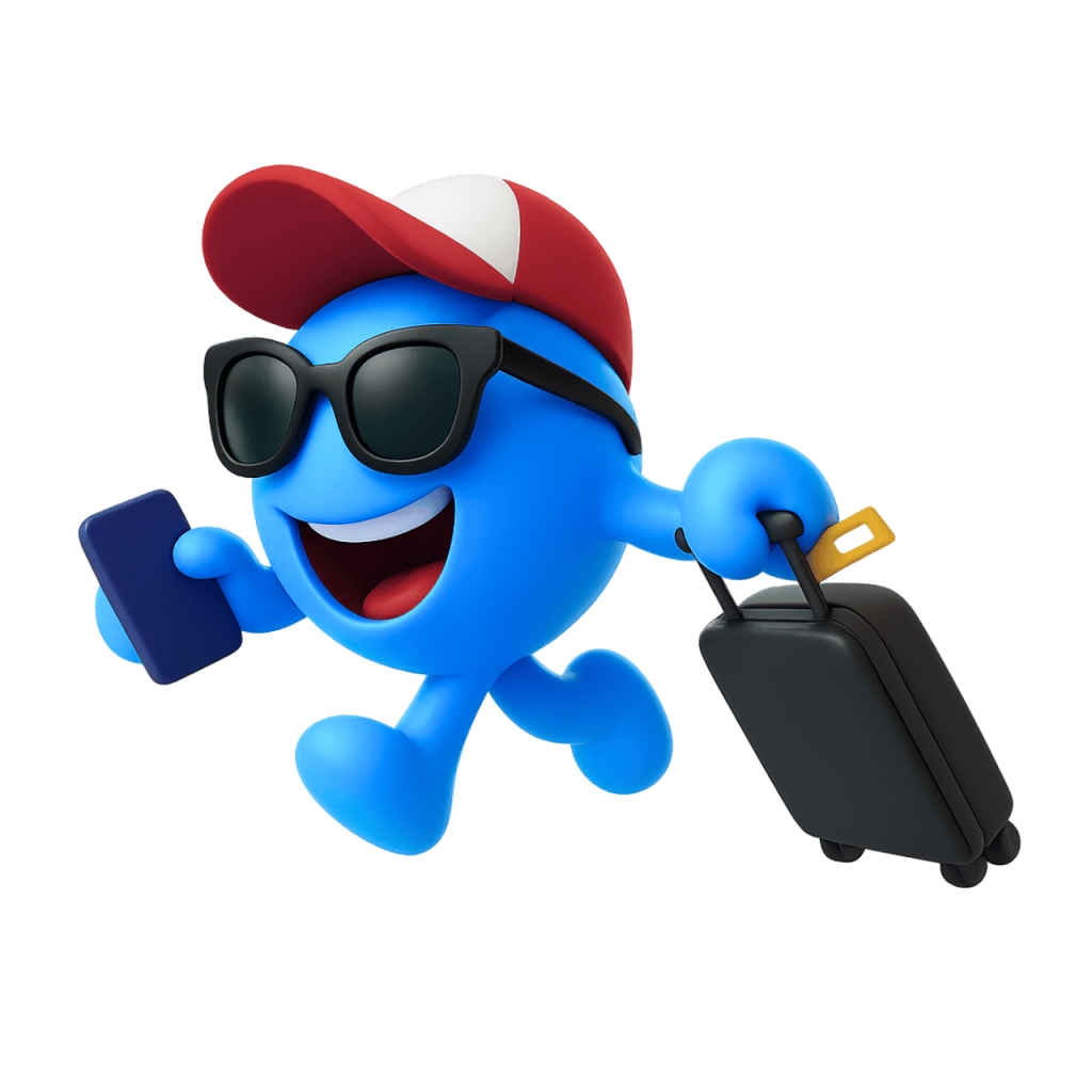Blue traveling smiley emoji wearing sunglasses holding suitcase and phone ready for vacation trip