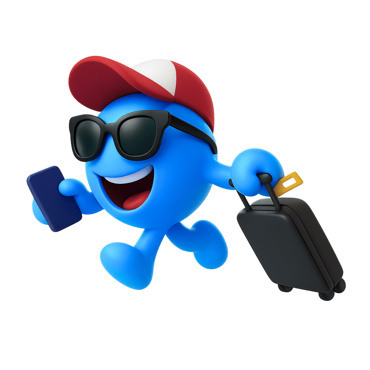 Blue traveling smiley emoji wearing sunglasses holding suitcase and phone ready for vacation trip