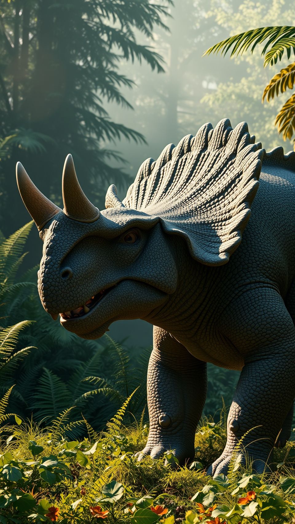 Realistic Triceratops dinosaur in a lush, foggy forest with detailed skin texture and vivid greenery