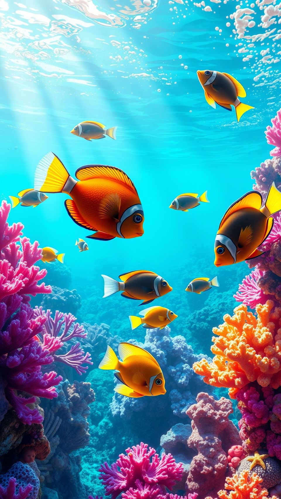 Tropical fish swimming in clear ocean water with colorful coral reefs