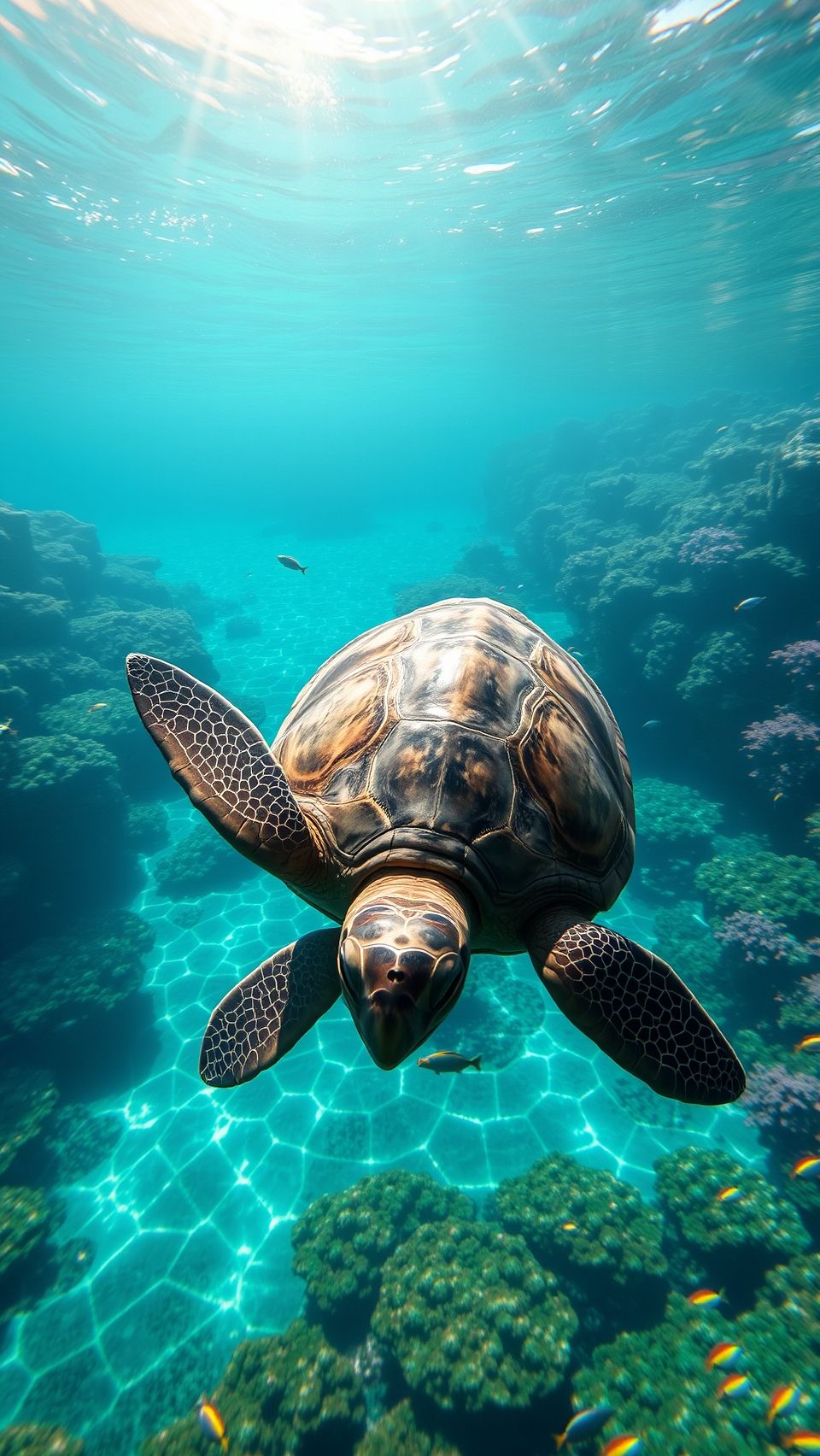 Turtle swimming gracefully over a vibrant coral reef with clear turquoise waters and soft sunlight.