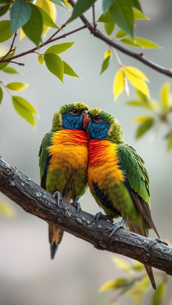 Beautiful colorful lovebirds cuddling on a tree branch in natural romantic setting