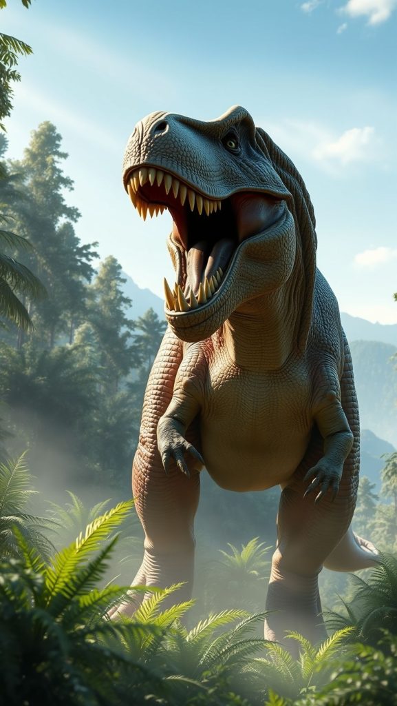 Tyrannosaurus Rex standing in a lush prehistoric jungle, realistic 3D rendering