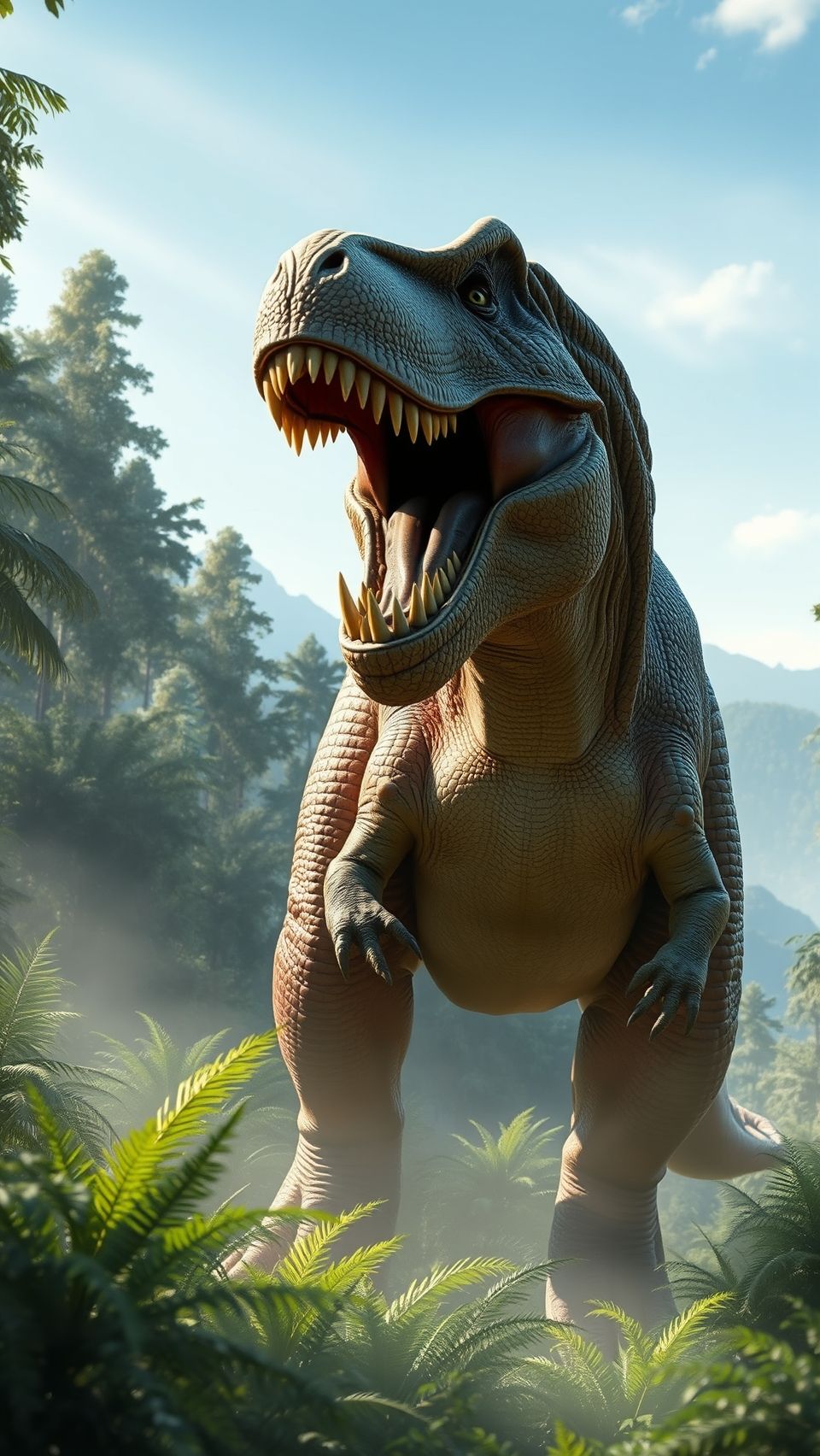 Tyrannosaurus Rex standing in a lush prehistoric jungle, realistic 3D rendering