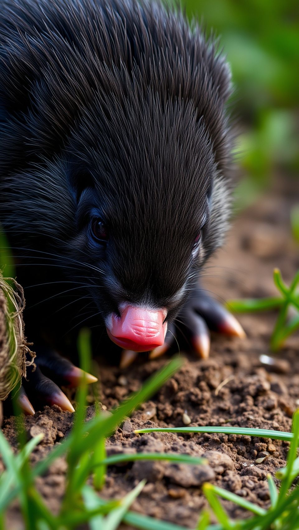 Close-up of a mole with black fur, pink nose, and sharp claws in soil