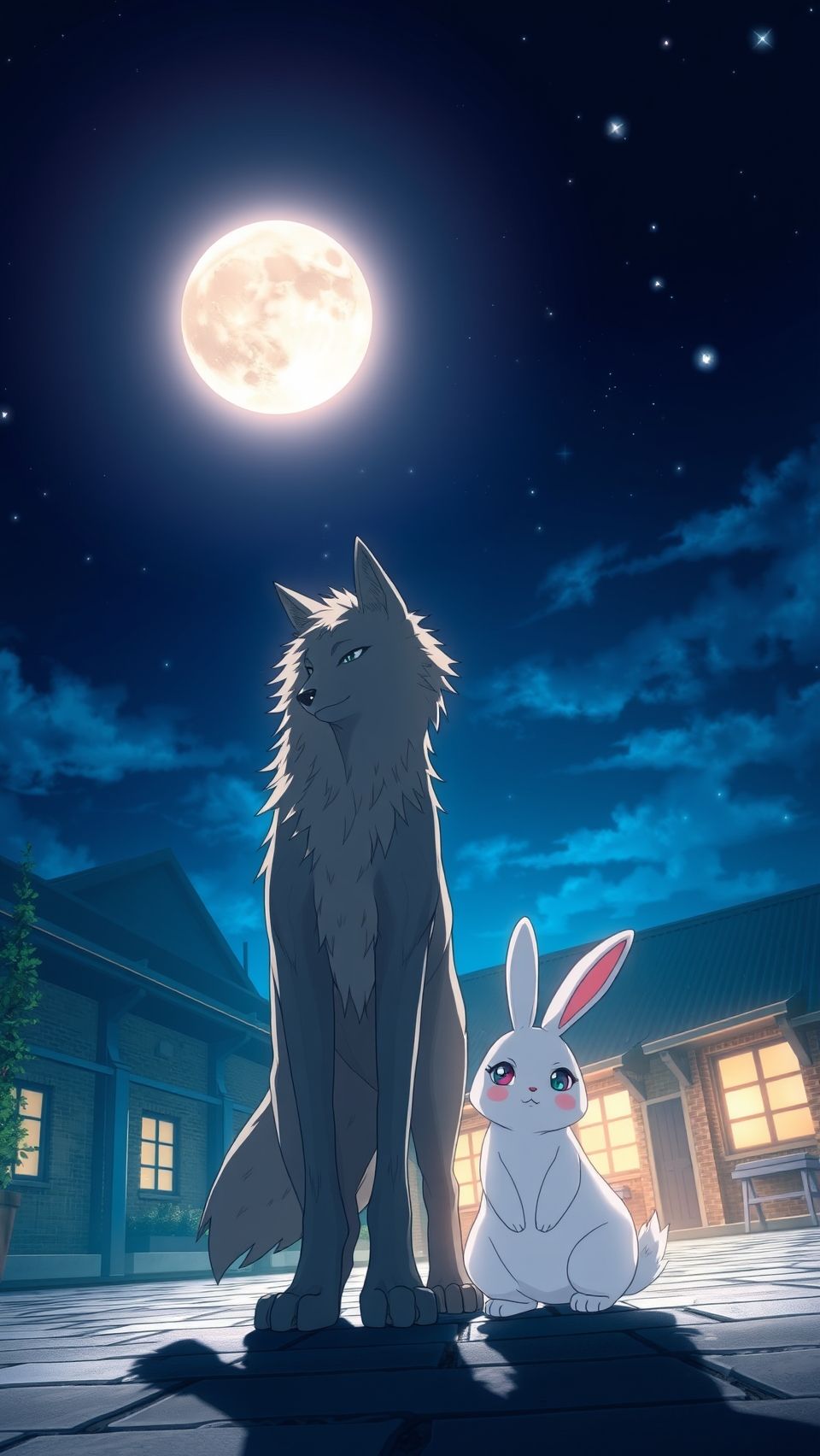Beastars anime wallpaper featuring Legoshi wolf and Haru rabbit under bright full moon