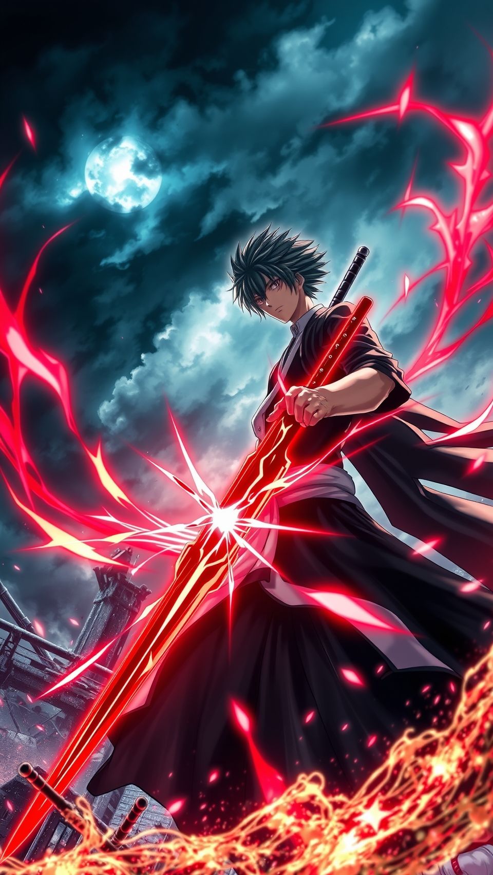 Bleach anime wallpaper featuring Ichigo Kurosaki in Bankai form with glowing energy sword