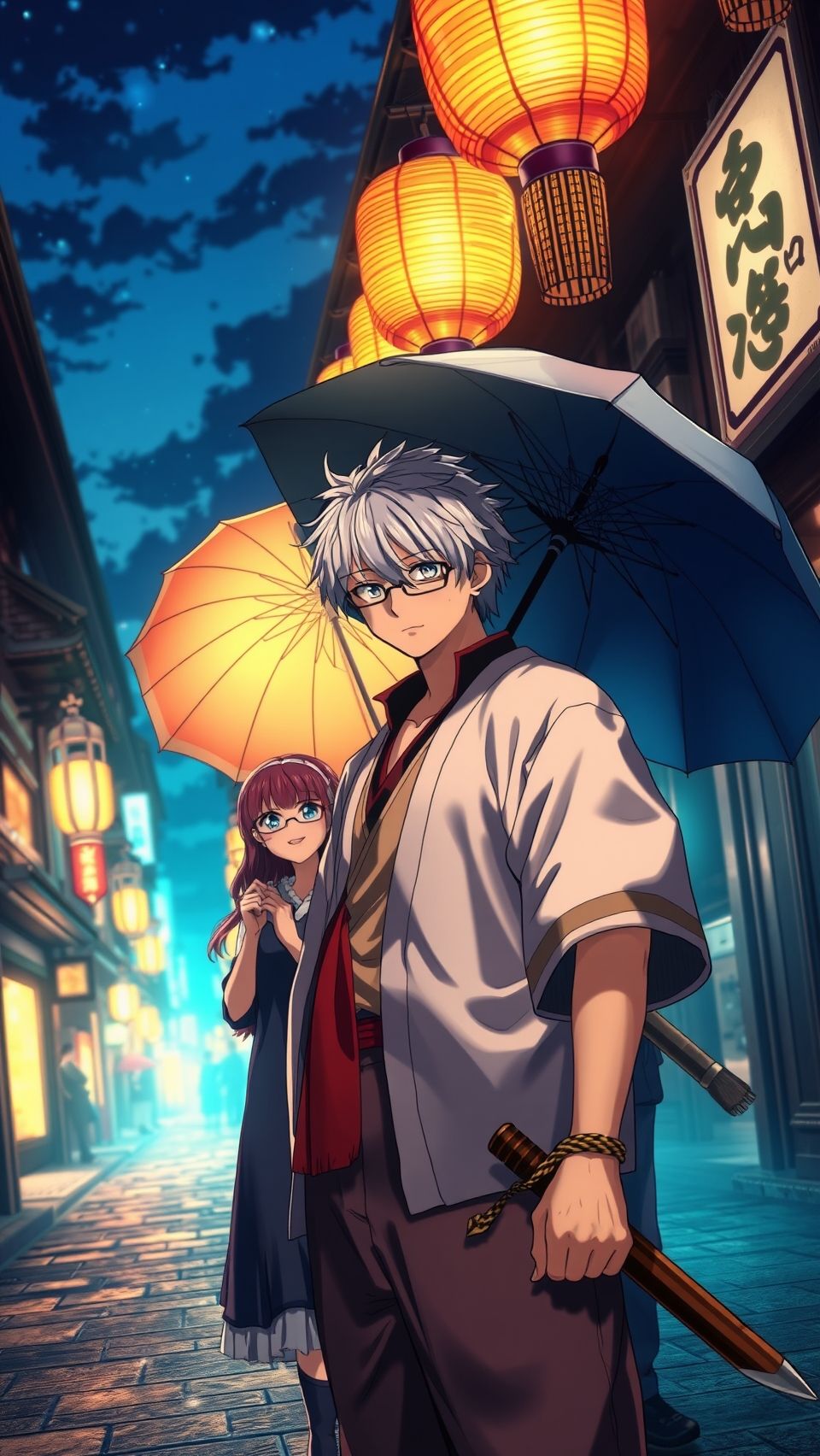 Gintama anime wallpaper featuring Gintoki Sakata and Kagura under lantern lights in night street