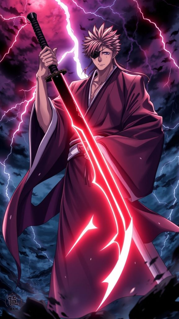 Anime Kenpachi wallpaper with glowing red sword, samurai style, dark stormy lightning background