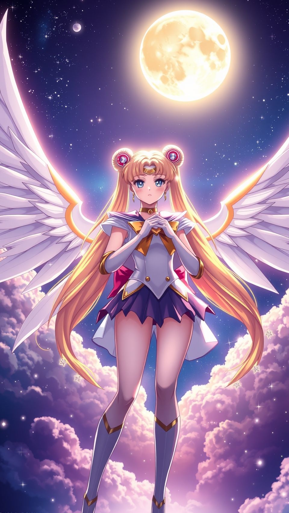 Sailor Moon Eternal anime wallpaper with angel wings under glowing full moon sky