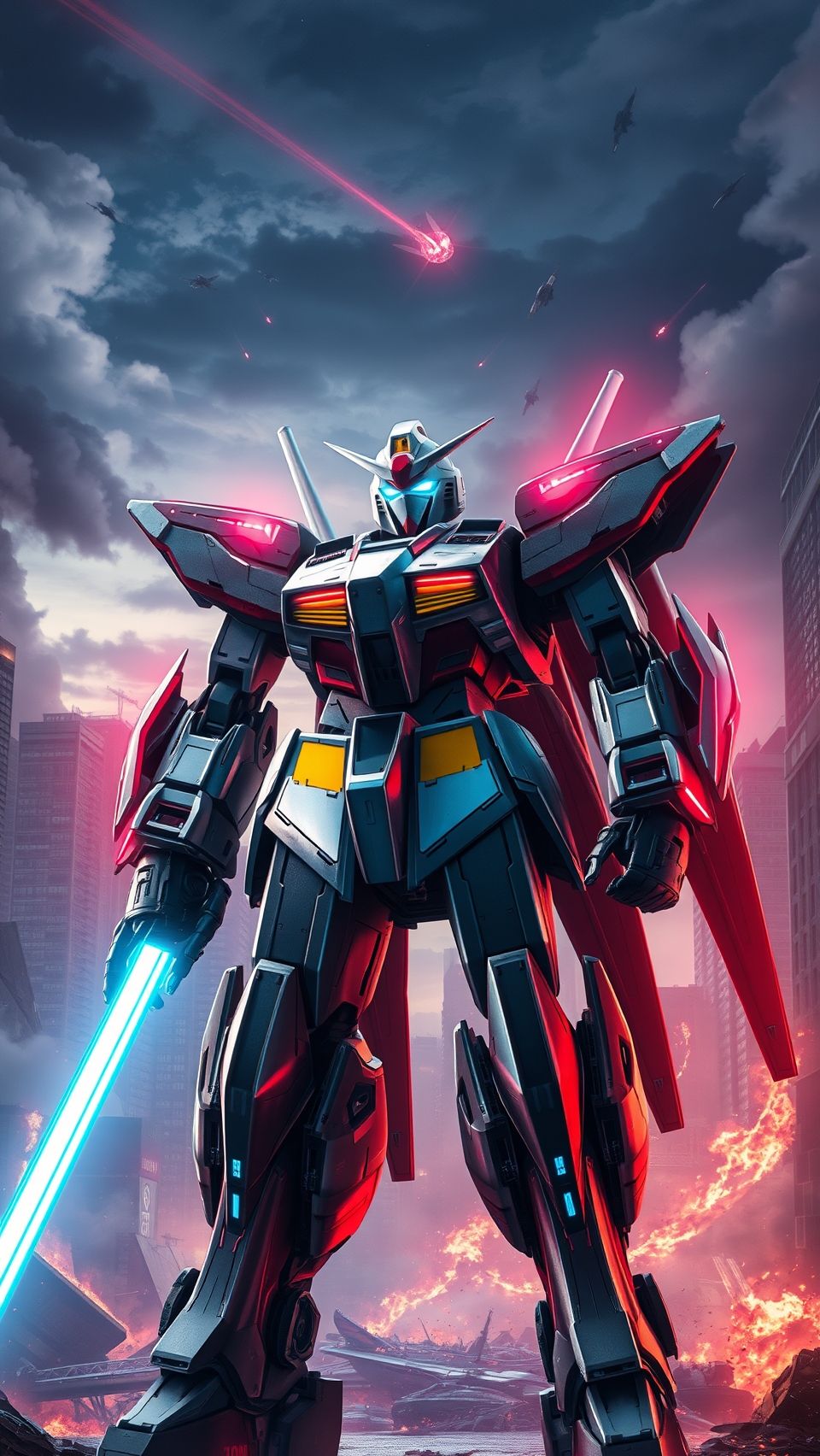 Ultra realistic Gundam wallpaper featuring futuristic mecha robot in city battlefield destruction