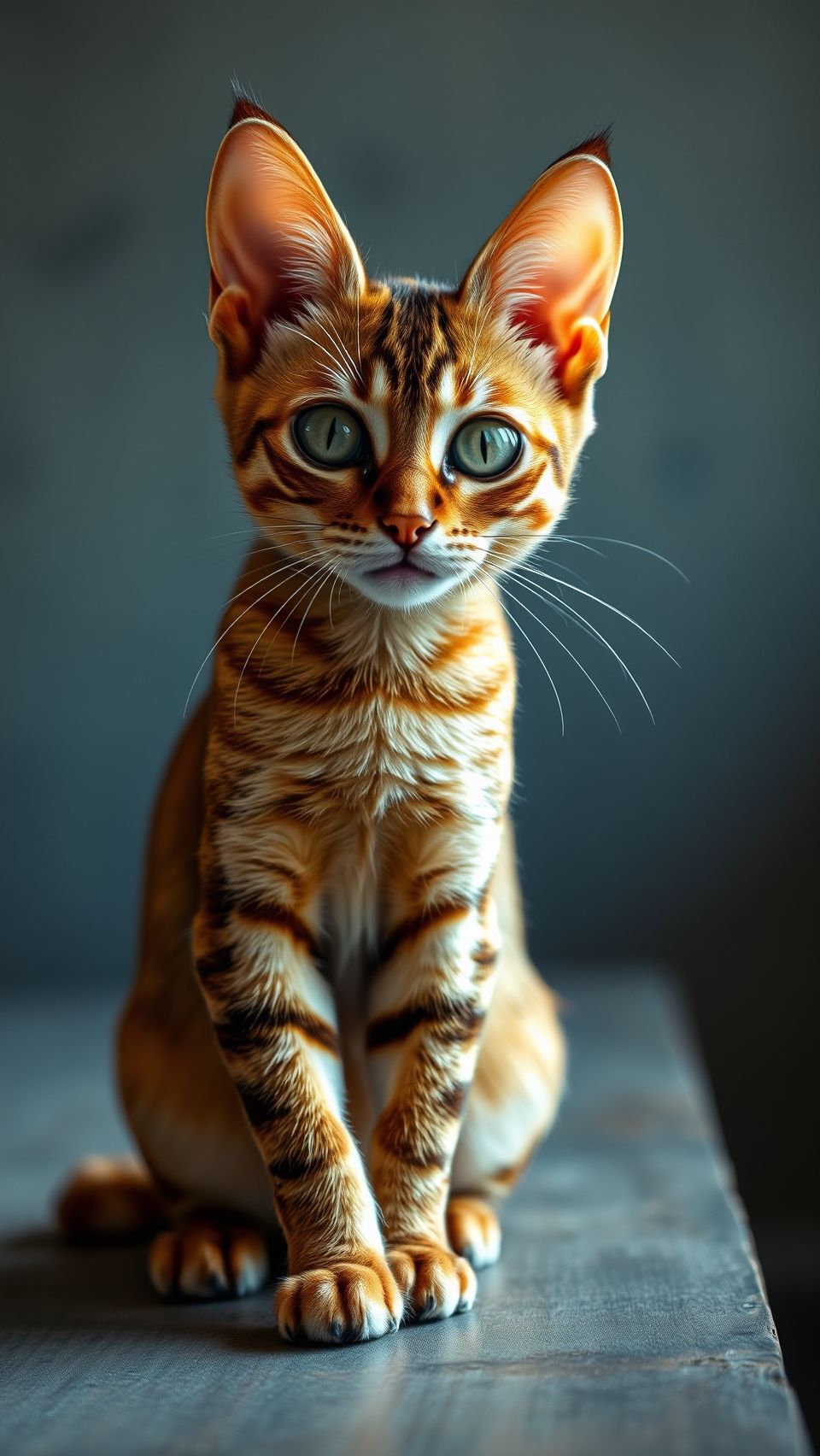 Ultra realistic Abyssinian cat wallpaper with striking fur pattern, large eyes, and elegant posture.