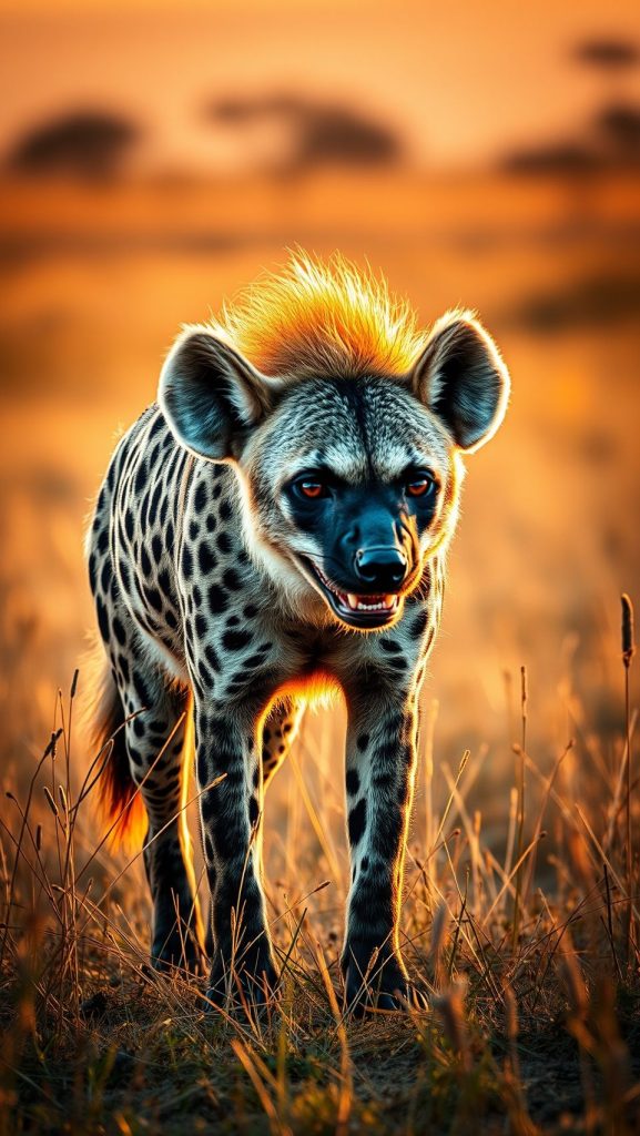 Ultra realistic African spotted hyena standing in golden savanna grasslands at sunset