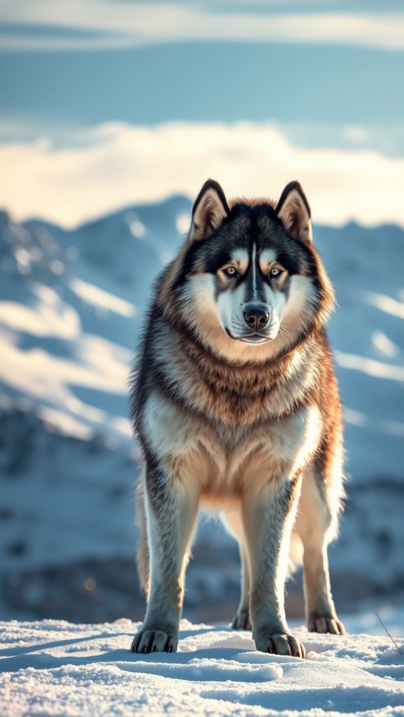 Realistic Alaskan Malamute standing on snowy mountain with thick fur in winter sunlight