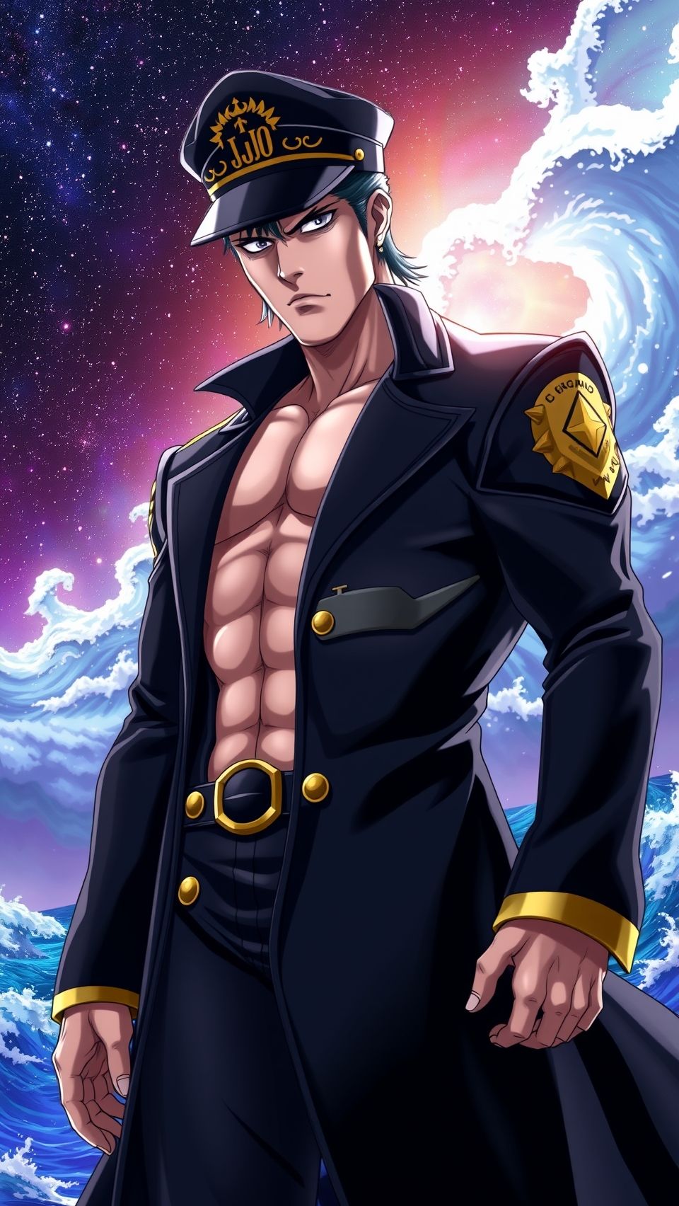 Ultra realistic Jotaro Kujo anime wallpaper from JoJo’s Bizarre Adventure with cosmic ocean background