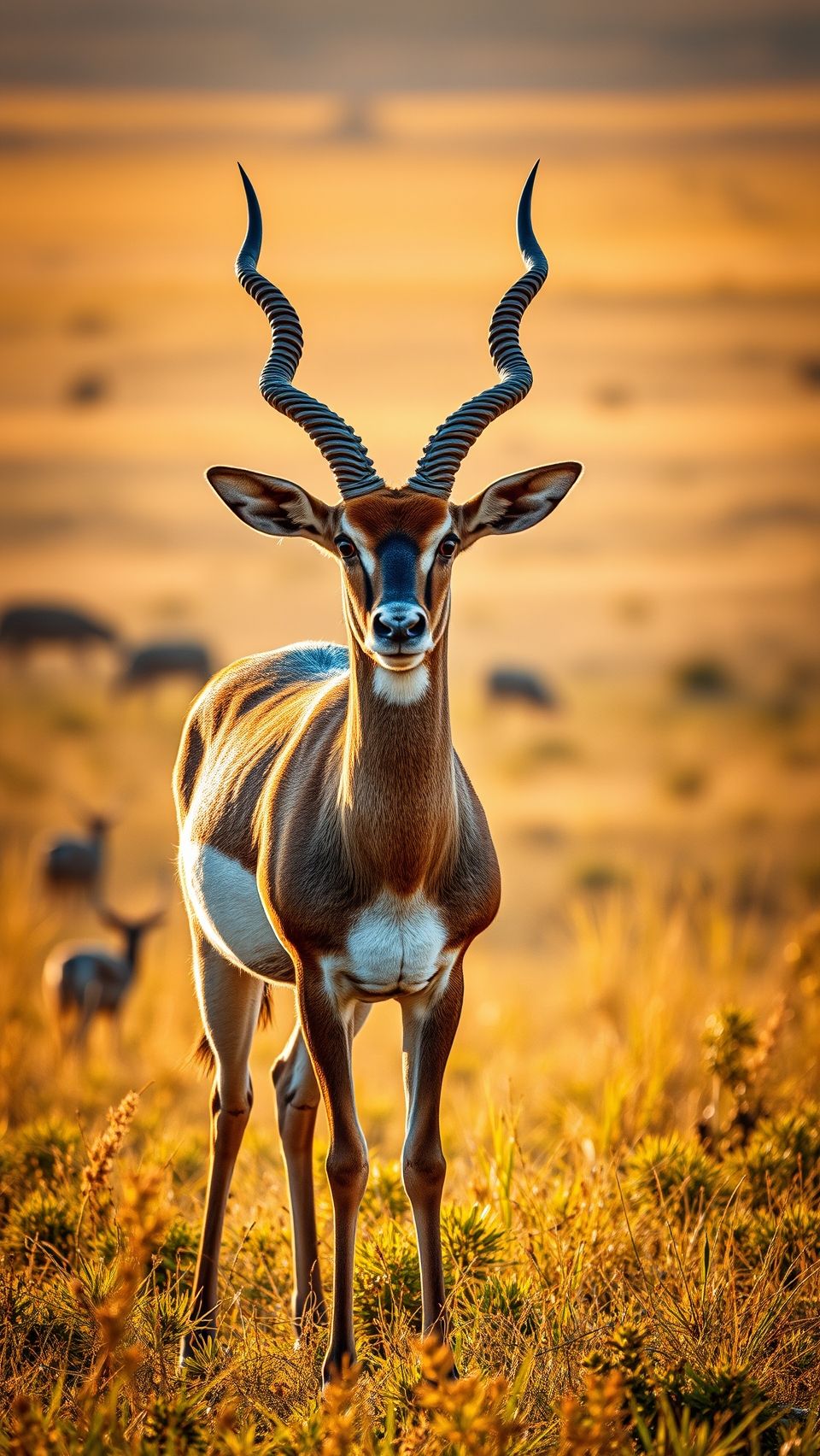 Ultra realistic antelope standing gracefully in golden savanna during sunset wildlife scene