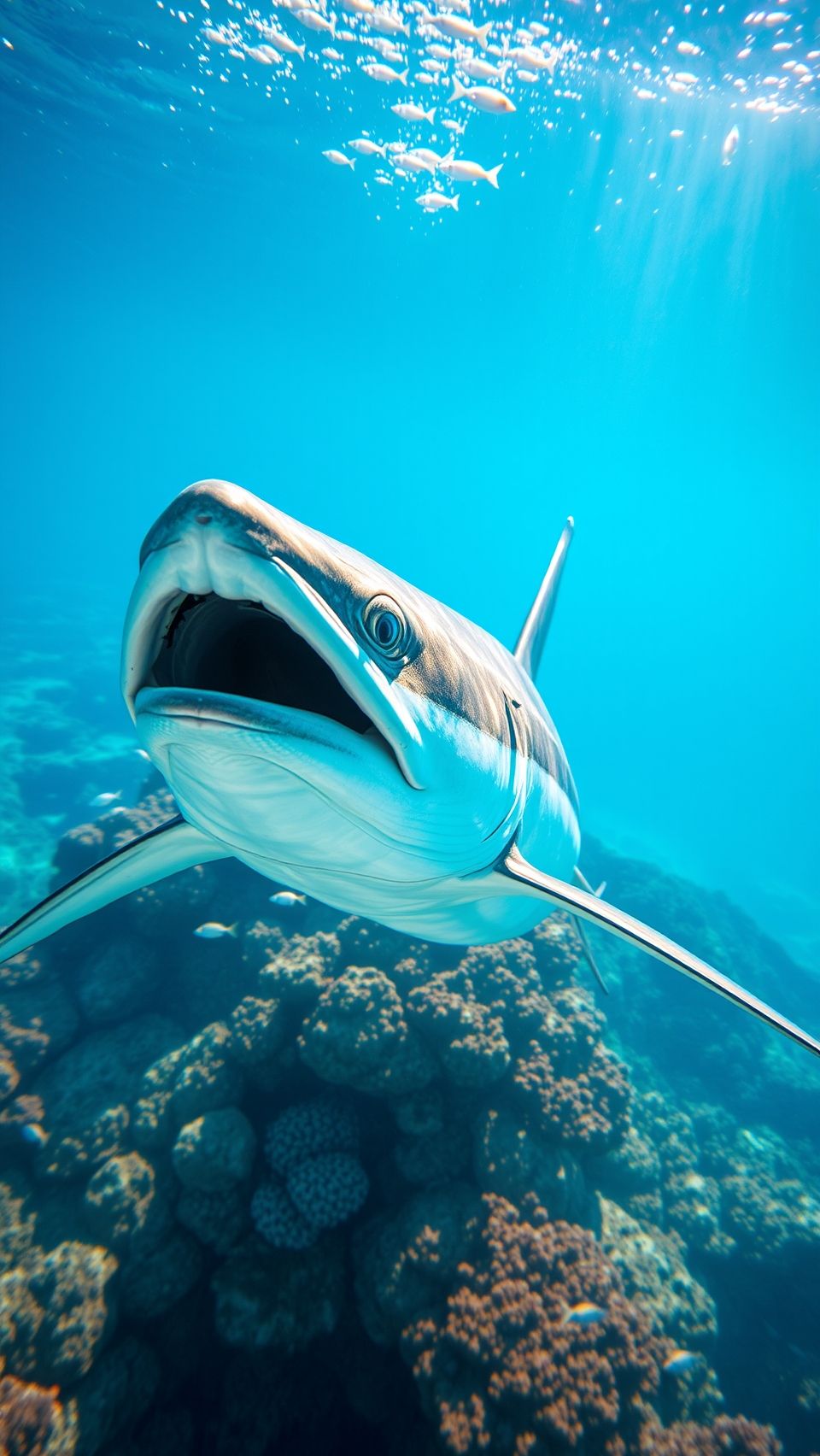 Ultra-realistic barracuda swimming underwater near coral reef in clear blue ocean wallpaper