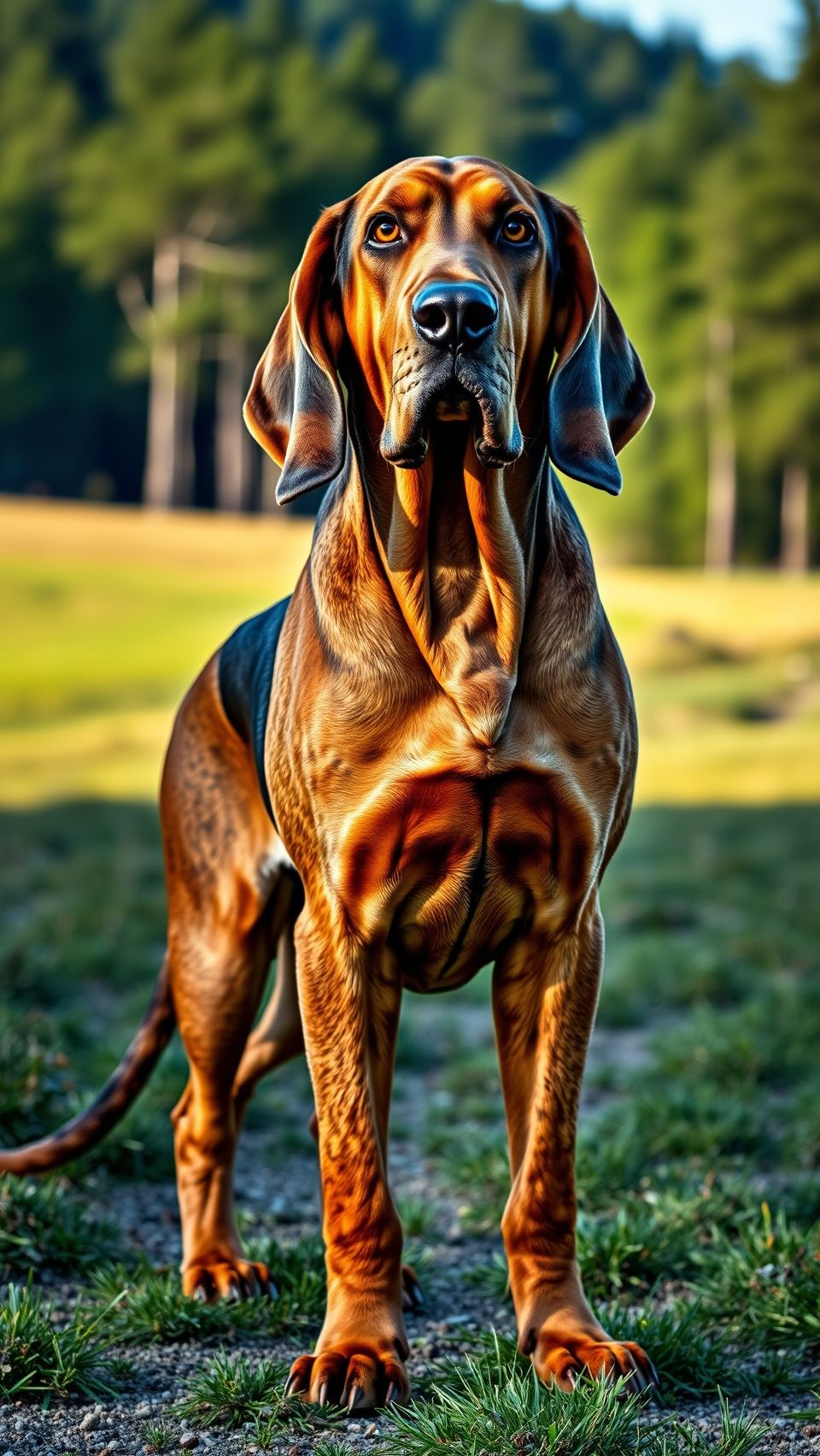 Ultra realistic Bloodhound dog standing outdoors with detailed fur and natural background