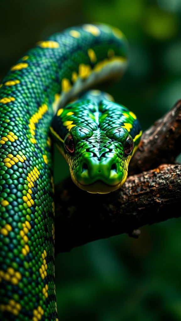 Close-up of a vibrant boomslang snake with detailed green and yellow scales on branch