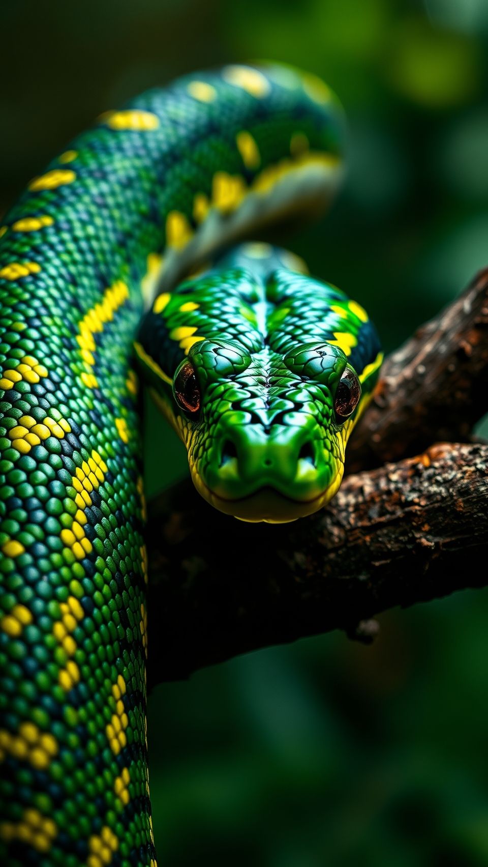 Close-up of a vibrant boomslang snake with detailed green and yellow scales on branch