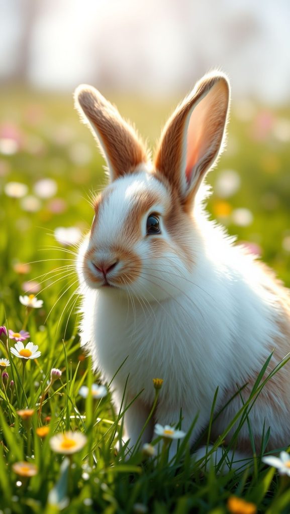 Adorable white and brown bunny sitting on grass with colorful flowers in sunlight