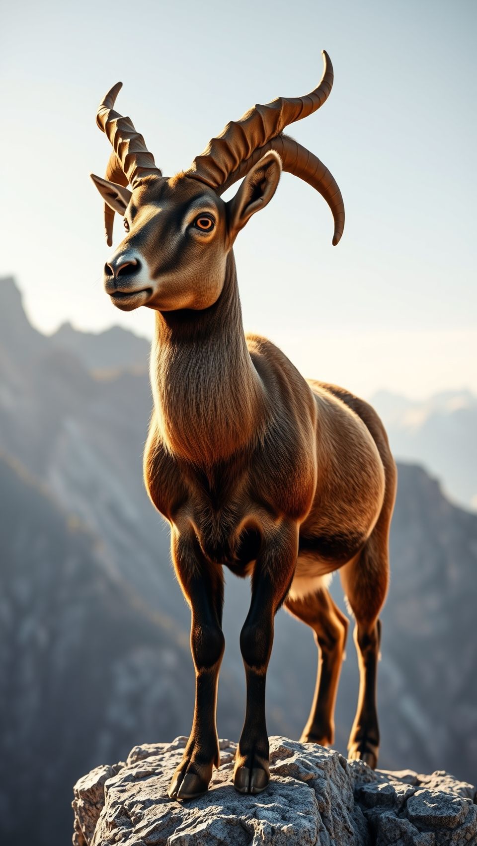 Realistic chamois standing on rocky mountain cliff with detailed fur in natural light
