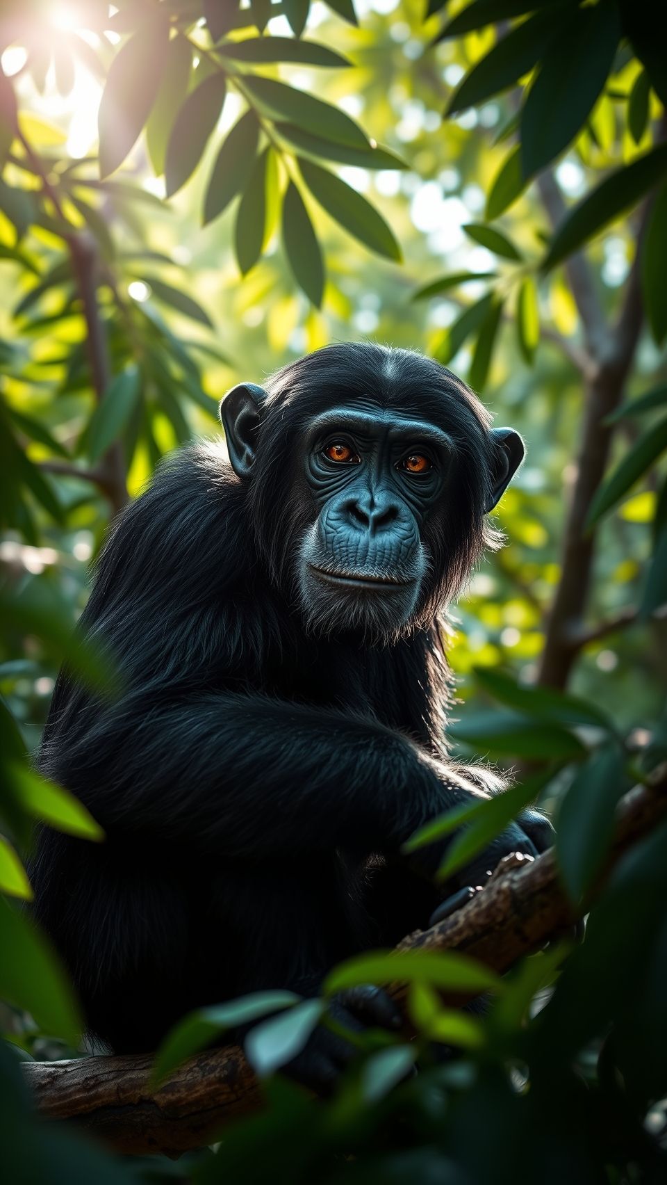 Close-up of a chimpanzee in forest with sunlight and green leaves background