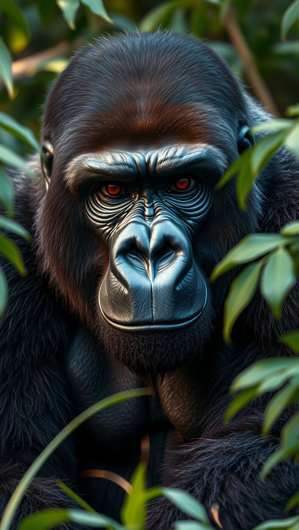 Close-up portrait of powerful silverback gorilla with intense red eyes in jungle