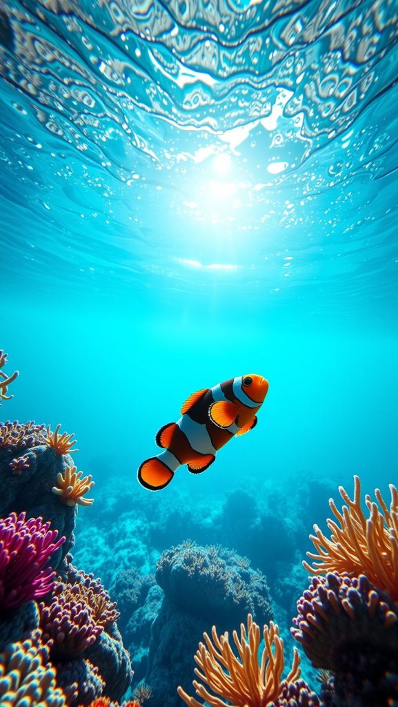 Clownfish swimming underwater in vibrant coral reef with clear blue ocean sunlight