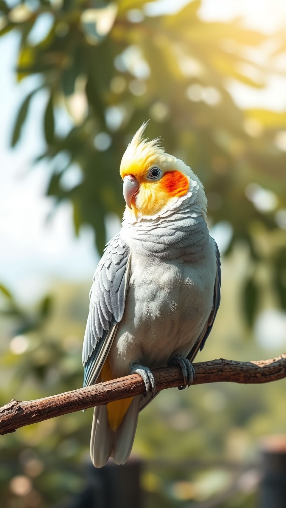 Beautiful cockatiel parrot wallpaper perched on tree branch with natural blurred background