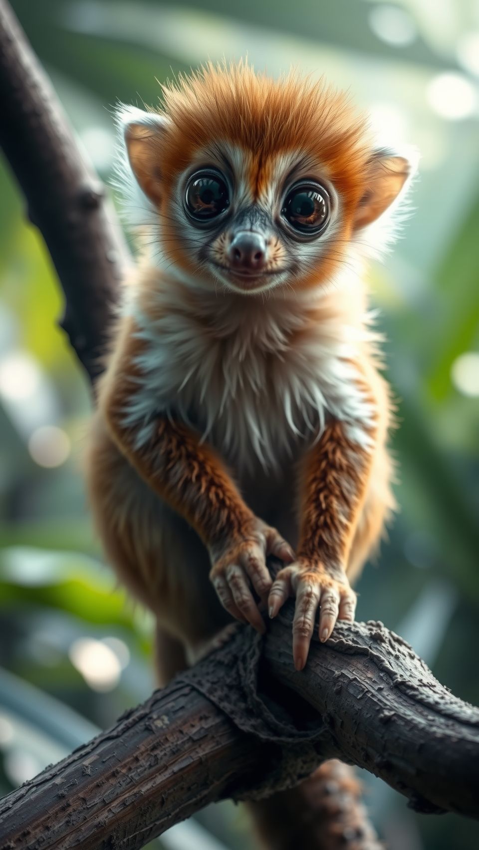 ultra realistic cuscus perched on tree branch with soft fur and large eyes