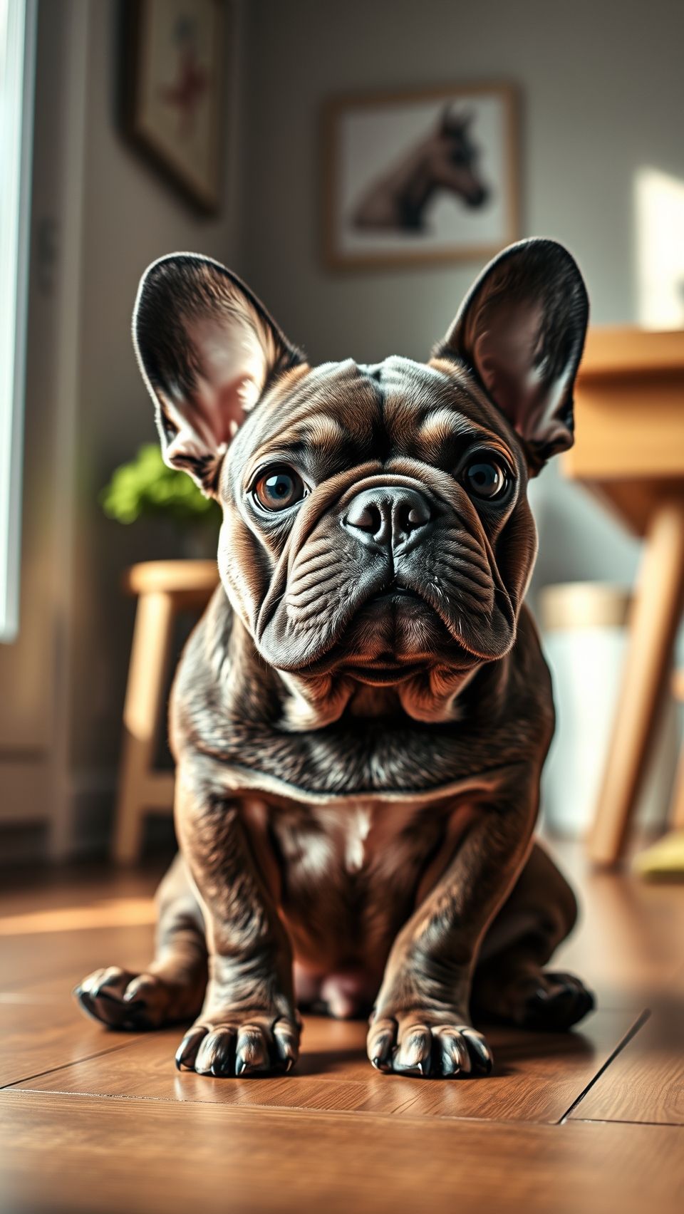 Ultra realistic French Bulldog puppy sitting indoors on wooden floor adorable wallpaper