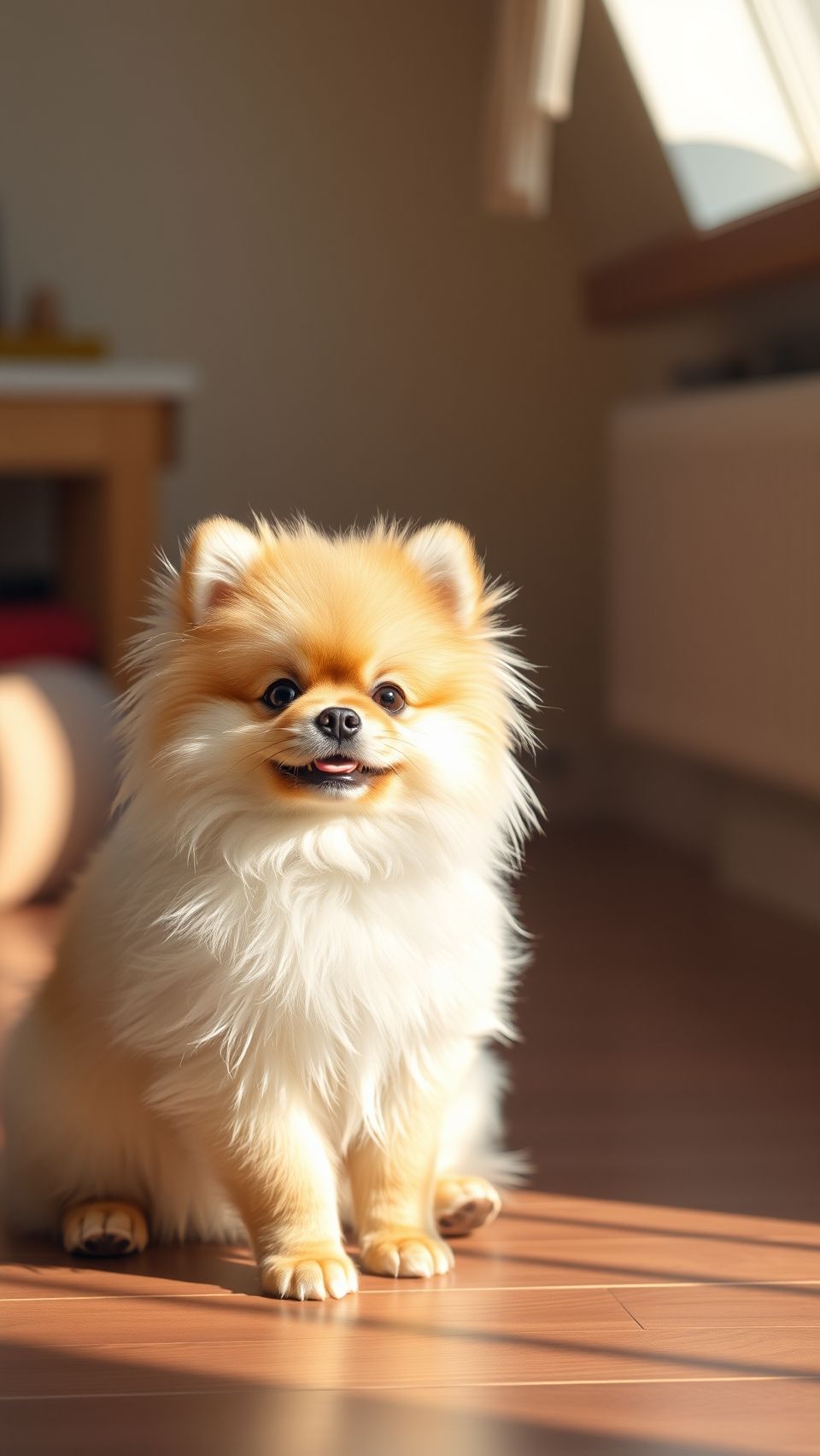 Fluffy golden white Pomeranian dog sitting indoors in sunlight wallpaper HD background