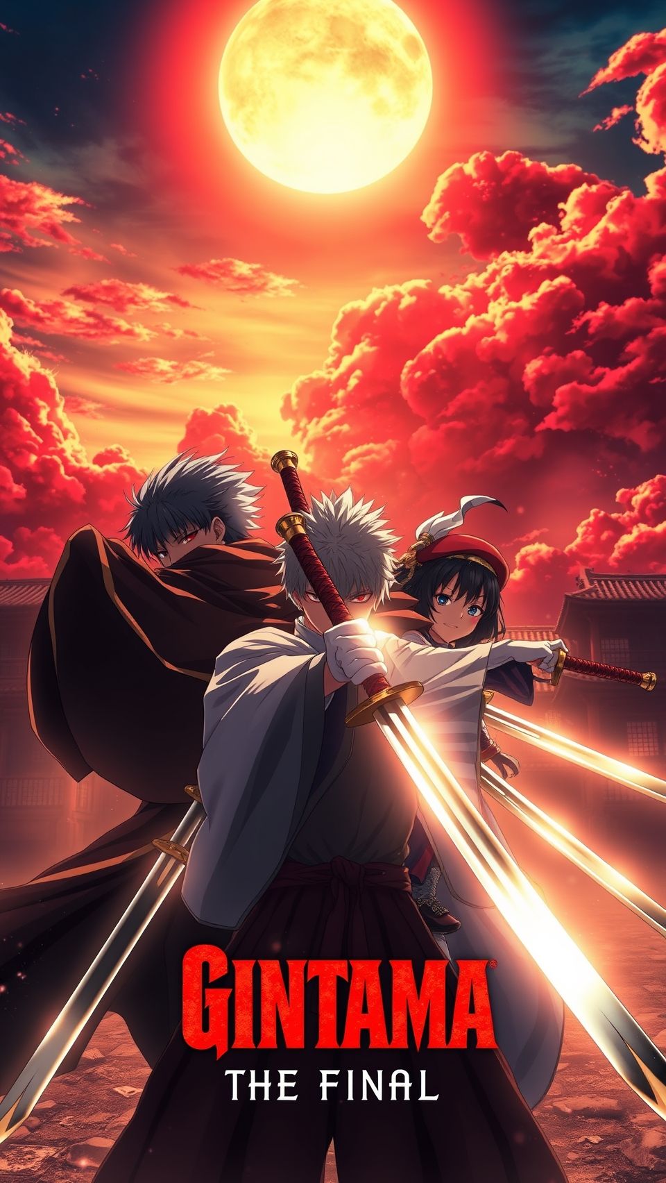 Gintama The Final anime wallpaper featuring samurai characters with swords under glowing red full moon