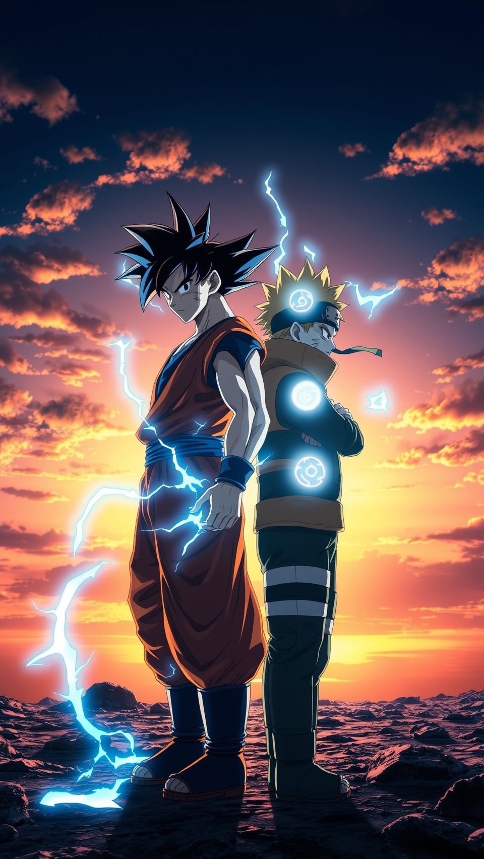Ultra realistic Goku and Naruto anime wallpaper with lightning effects and dramatic sunset background